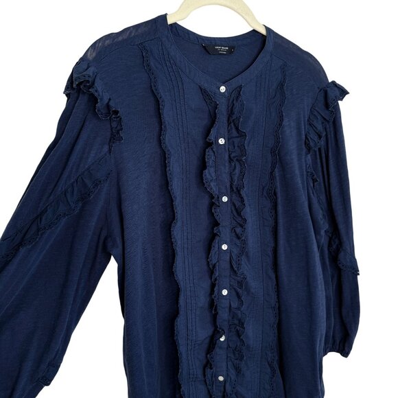 Lucky Brand Navy Long Sleeve Ruffle Button Down, L - Picture 3 of 11